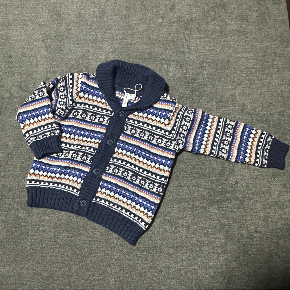 Janie and Jack Fairisle Knit Cowl Patterned Kids Cardigan Button Down Sweater